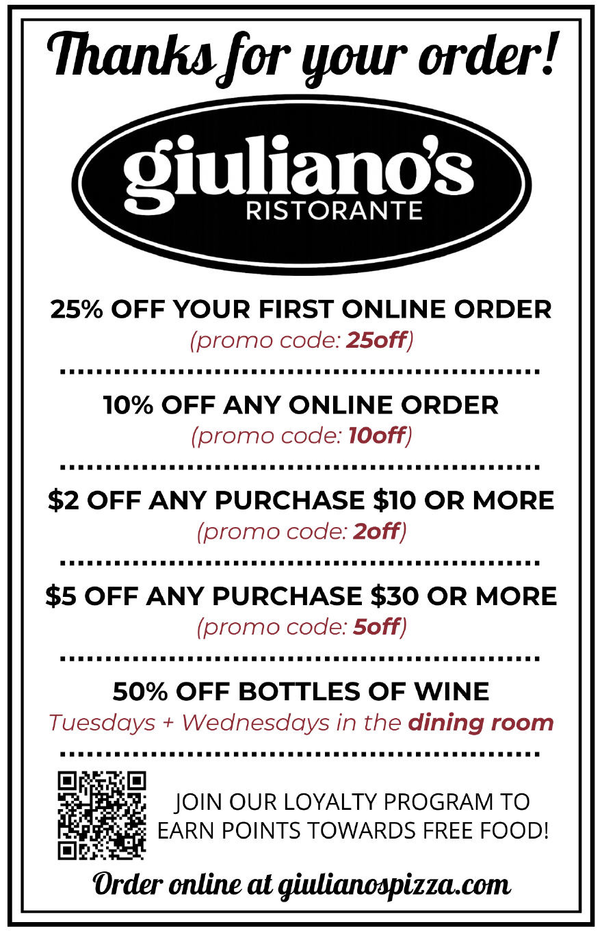 Giuliano's current online-order, purchase, wine, and loyalty offers