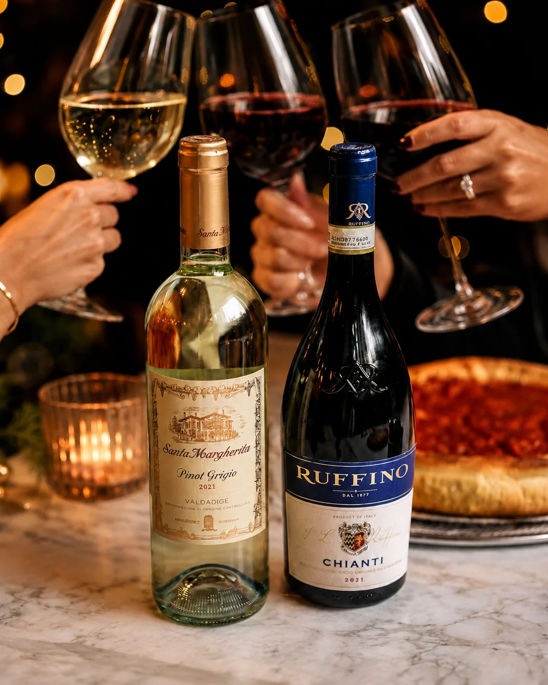 Bottles and glasses of red and white wine at Giuliano's